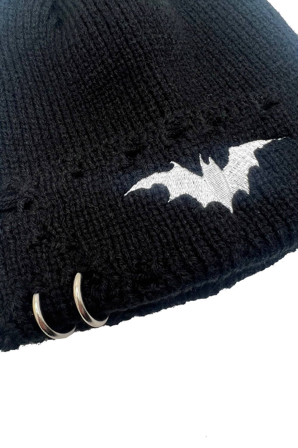 Distressed Pierced White Bat Beanie