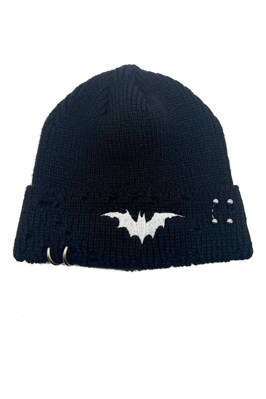 Distressed Pierced White Bat Beanie