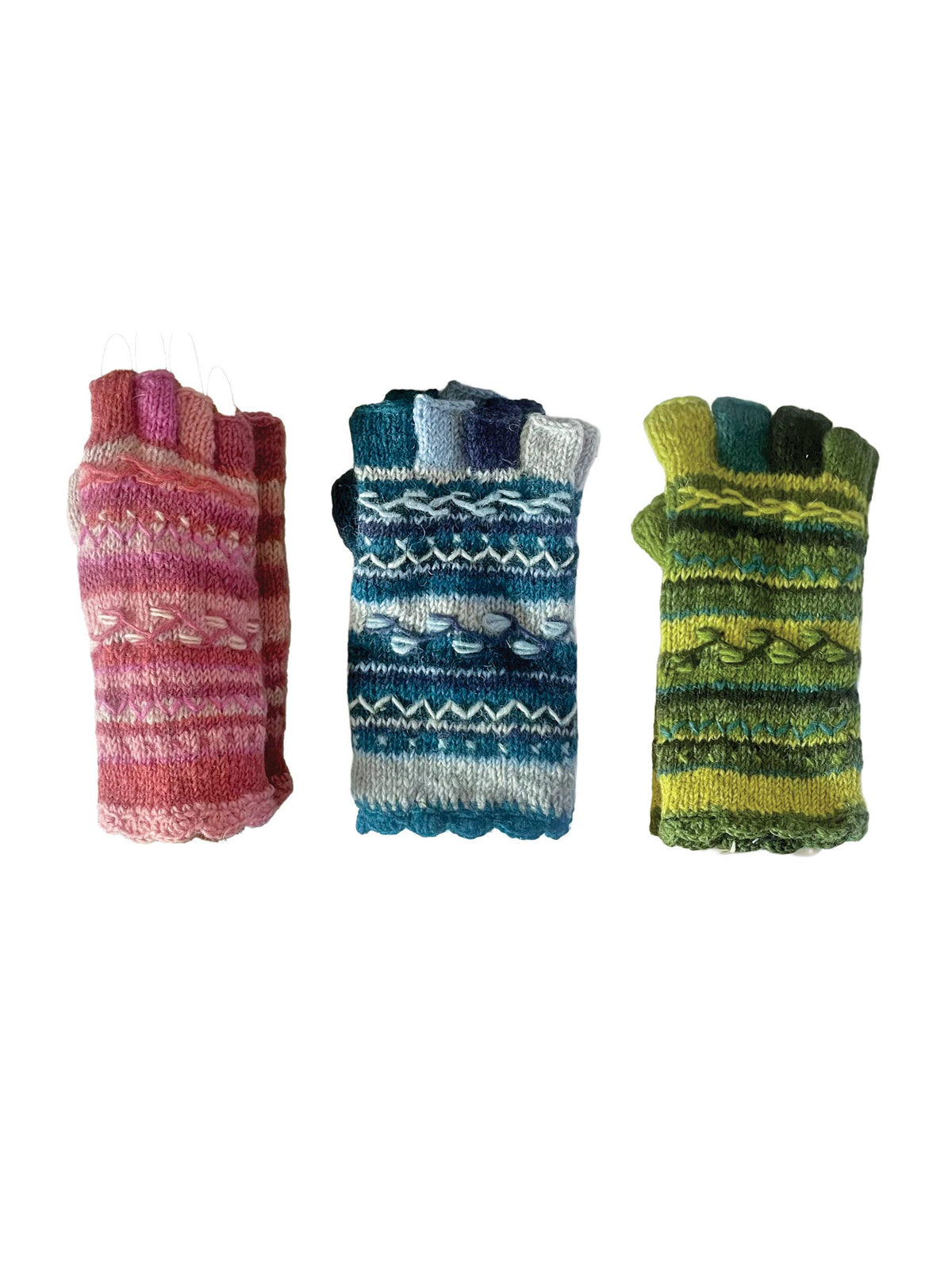 Striped Knit Fingerless Gloves Hand Embroidered Details