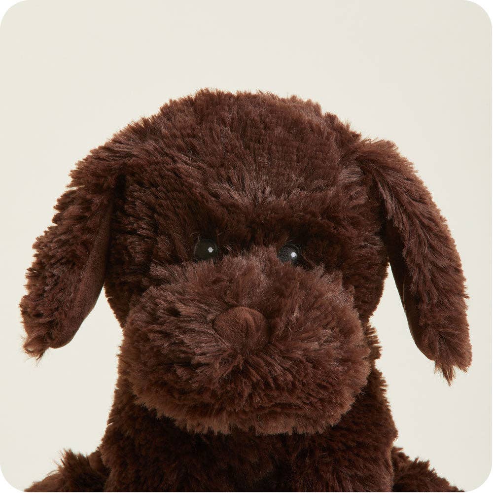 Close-up of a brown plush dog toy on a beige background