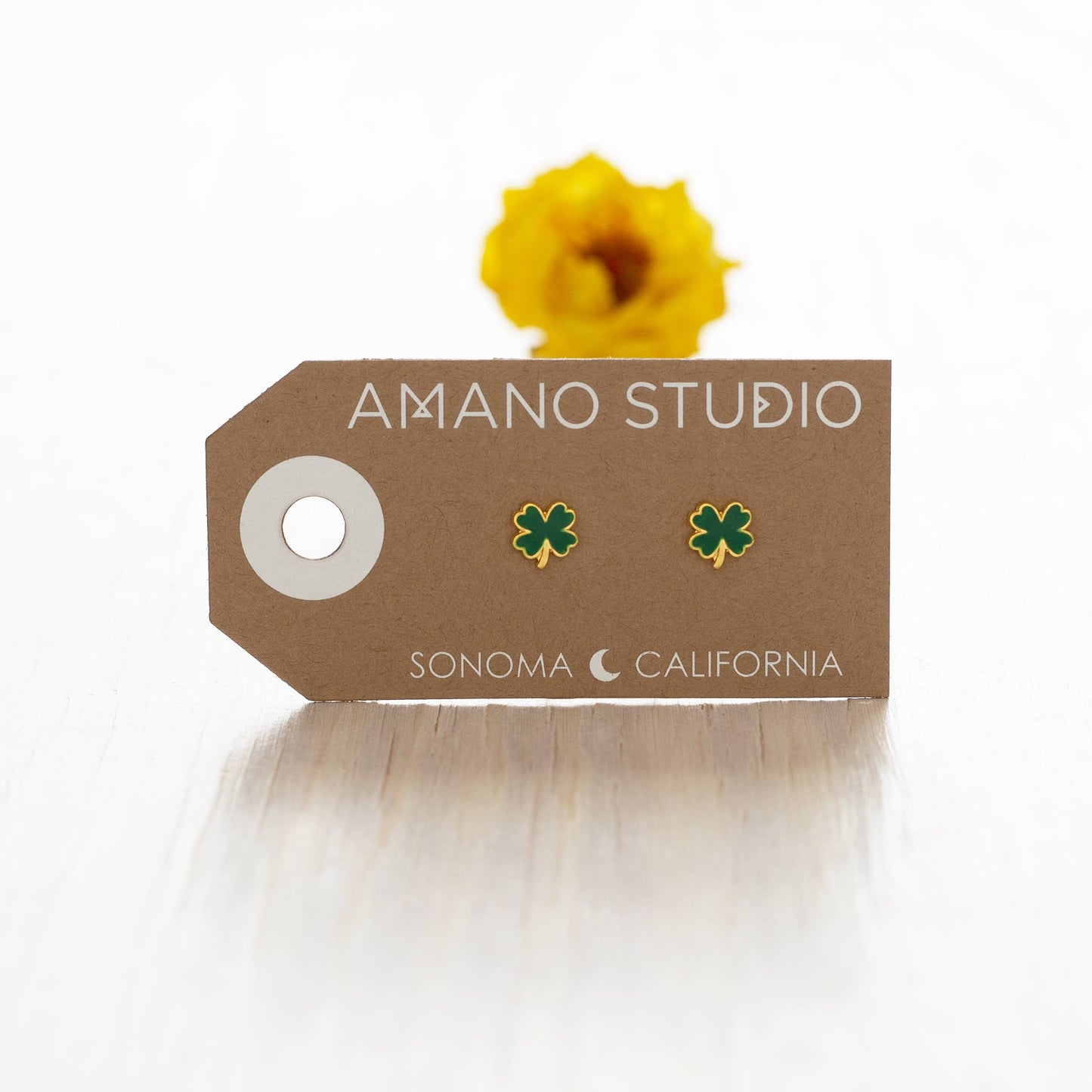 gold and green four leaf clover stud earrings