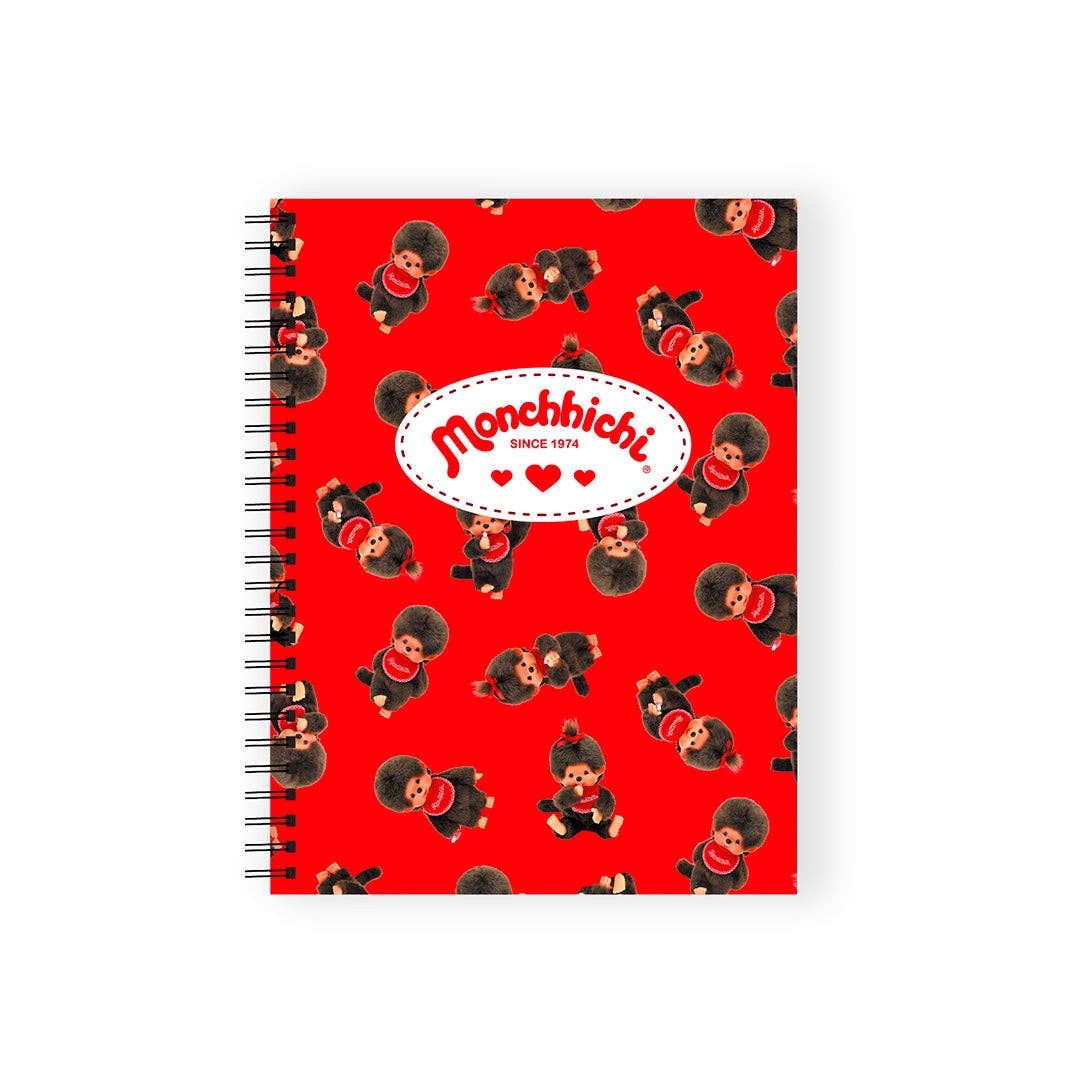 Red notebook with 'Monchbichi' design on a red background