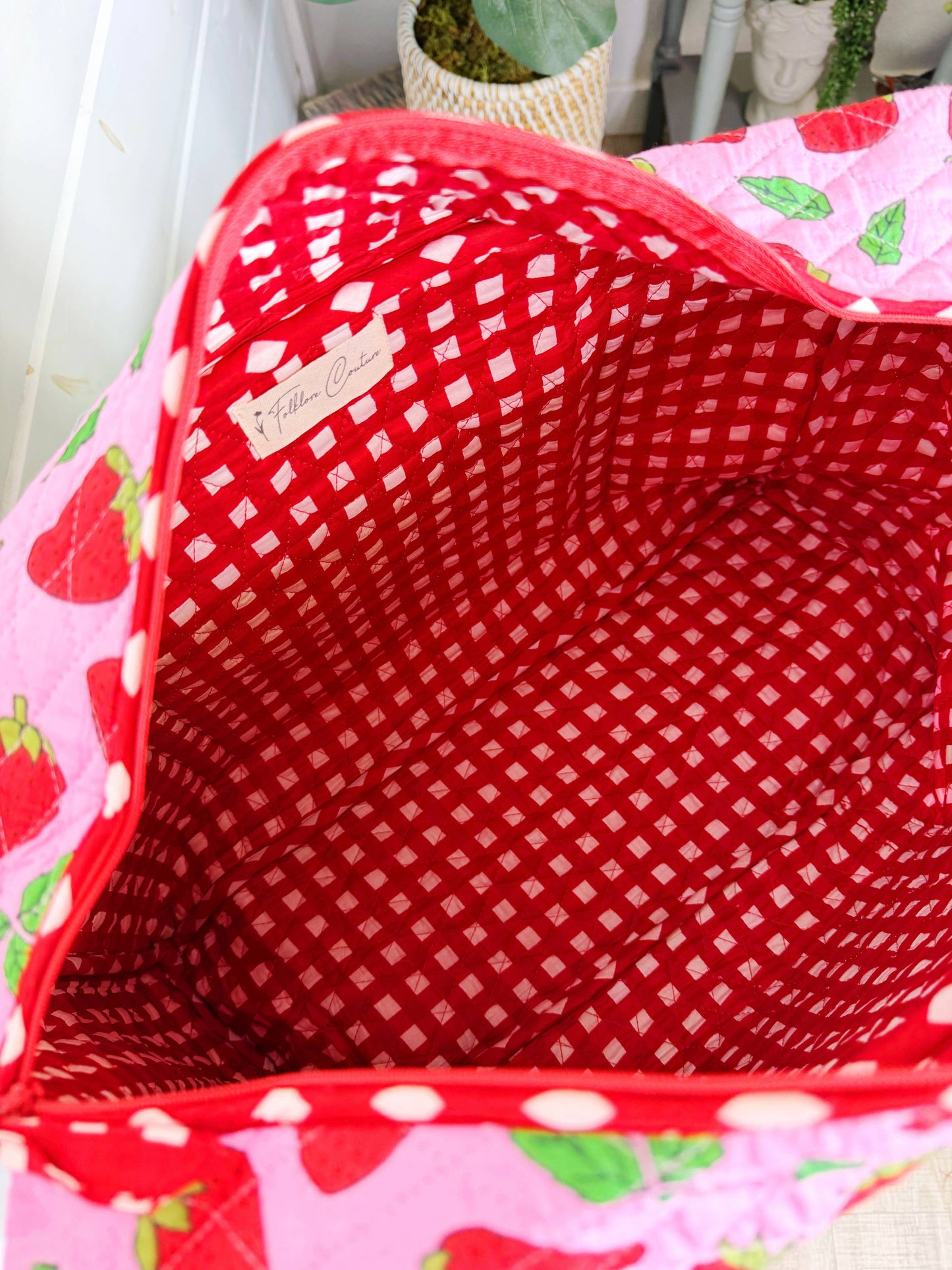 Quilted Duffle Bag | Weekender Overnight Bag | Strawberry