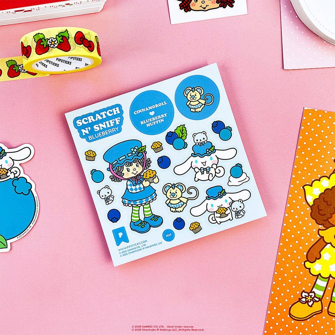 Scratch 'N' Sniff sticker sheet with cartoon characters on a pink background