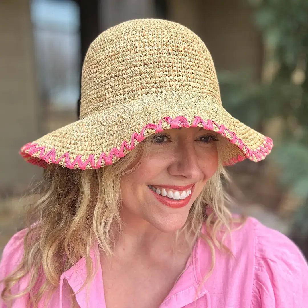 Floppy Bucket Hat - Pink Zigzag Trim