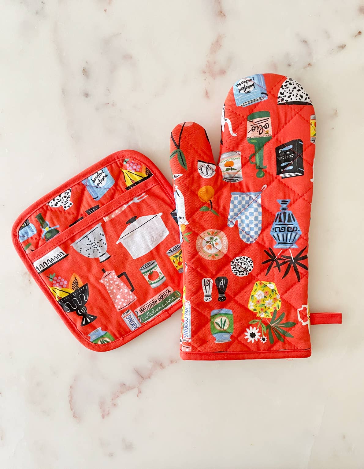 Kitchen Shelf Cotton Oven Mitt + Pot Holder Set - Thumbnail 2