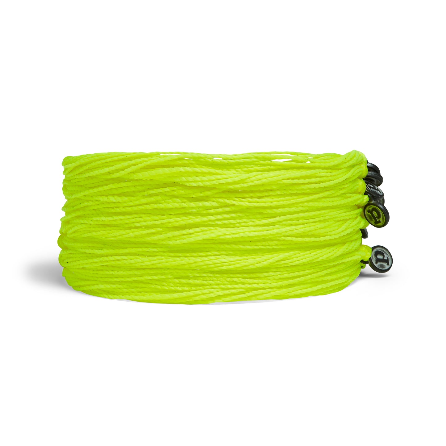 Neon green bracelets with metal logos on a white background