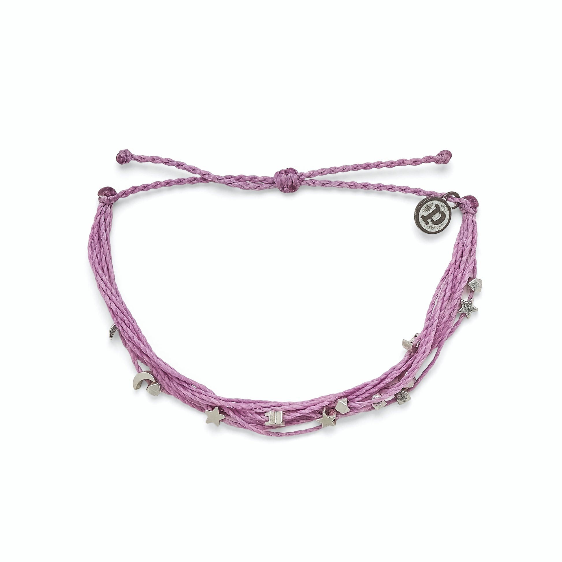 Pink bracelet with silver star and moon charms on a white background