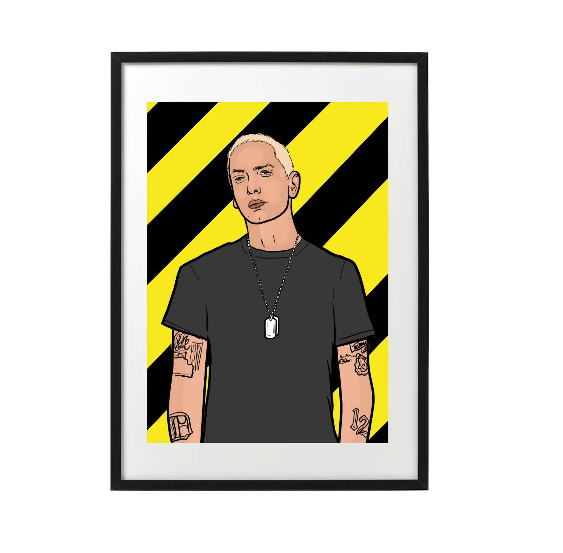 Framed artwork of Eminem on a yellow and black striped background