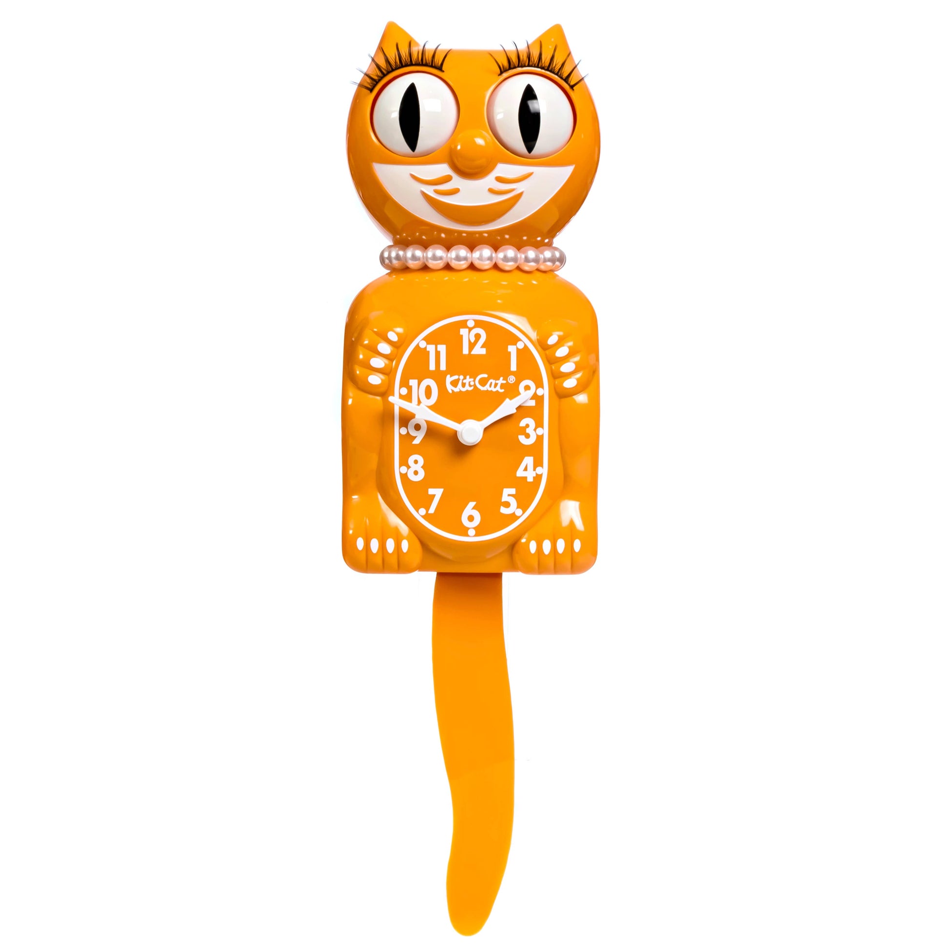 Orange vintage Kitty Kat Klock with pearls on a white background
