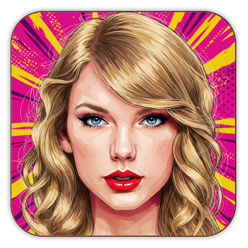 Illustration of Taylor Swift with red lipstick on a pink and yellow abstract background