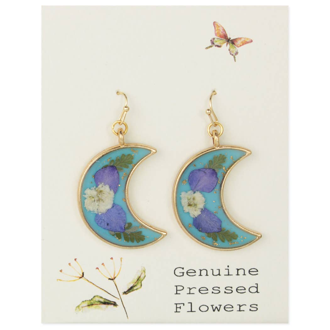 Blue Moon Blue Dried Flower Gold Earrings