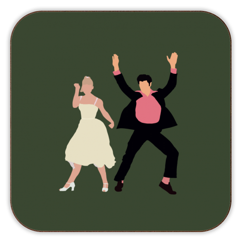 Illustration of Sandy and Danny from Grease on a dark green background