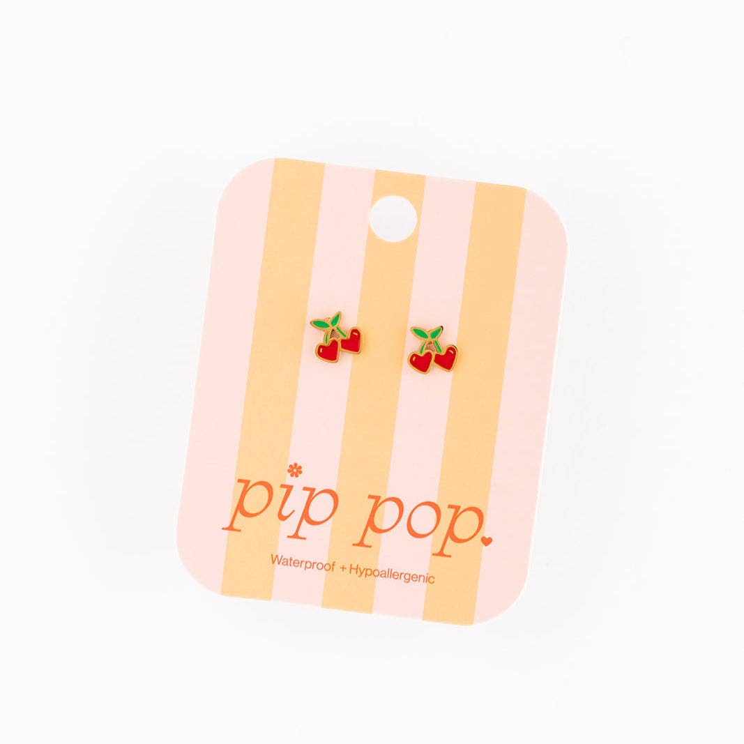 Pair of earrings on a 'pip pop' branded card with striped design