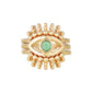 Gold ring with eye design and turquoise stone on a white background