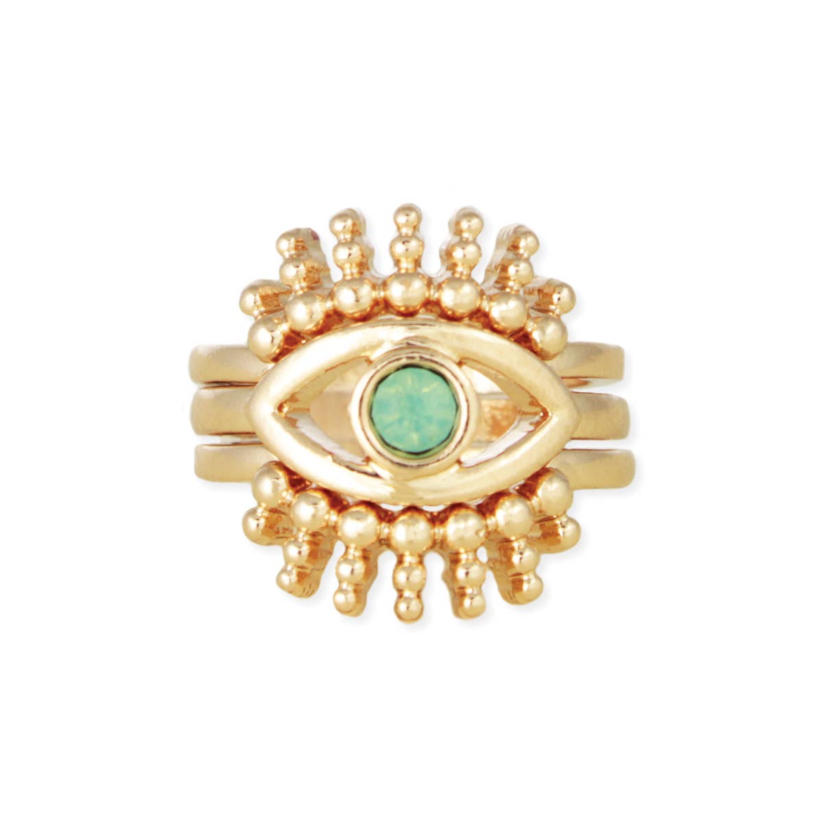 Gold ring with eye design and turquoise stone on a white background