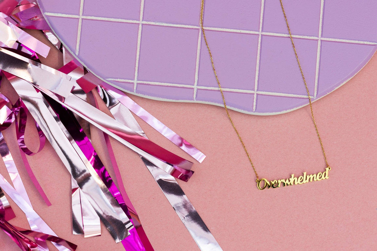 Overwhelmed Nameplate Necklace: Gold
