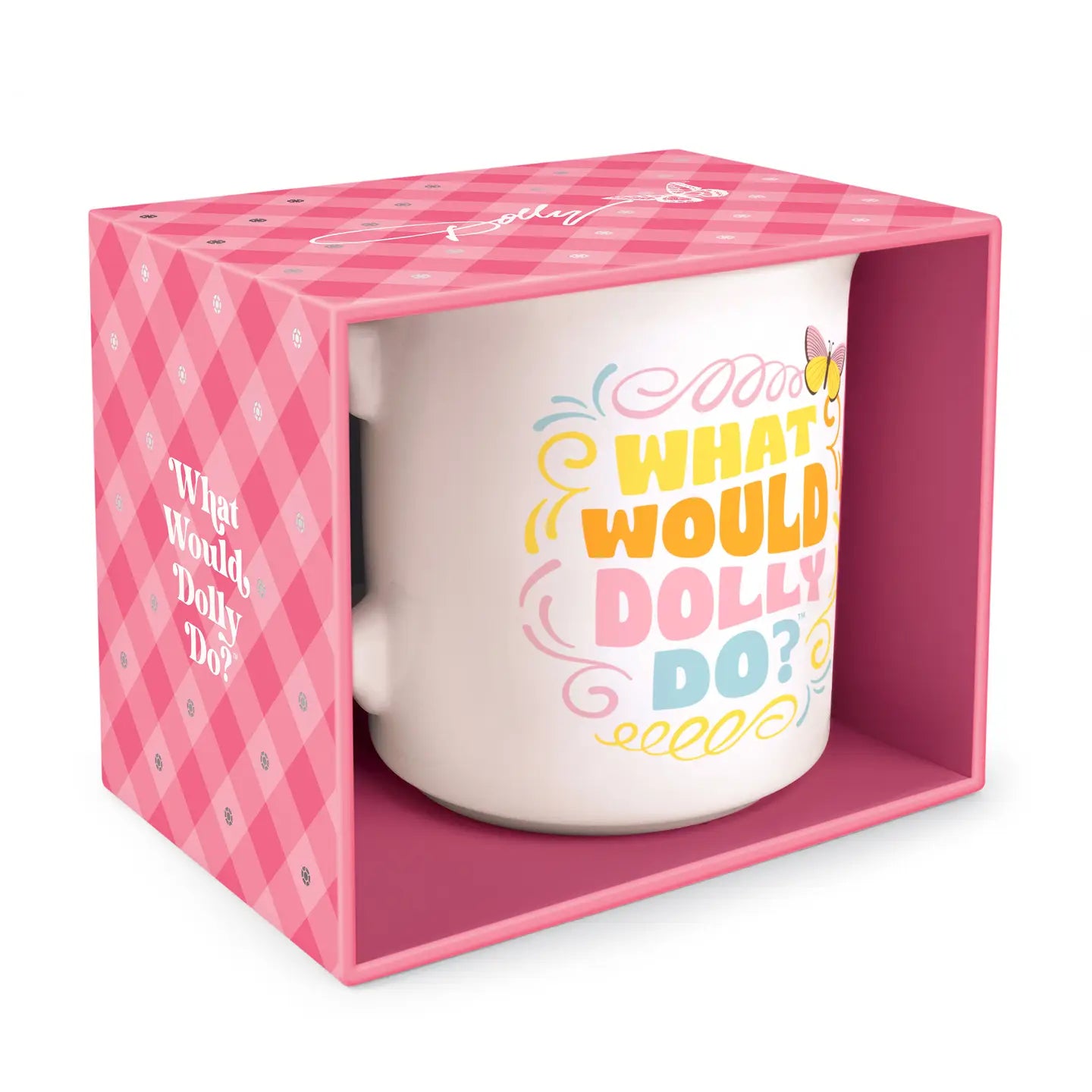 Mug with 'What Would Dolly Do?' text in a pink box packaging