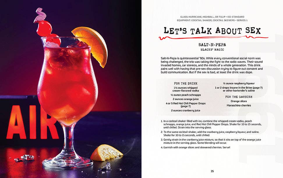 Red cocktail with an orange slice on a dark surface, next to text "Let's Talk About Sex"