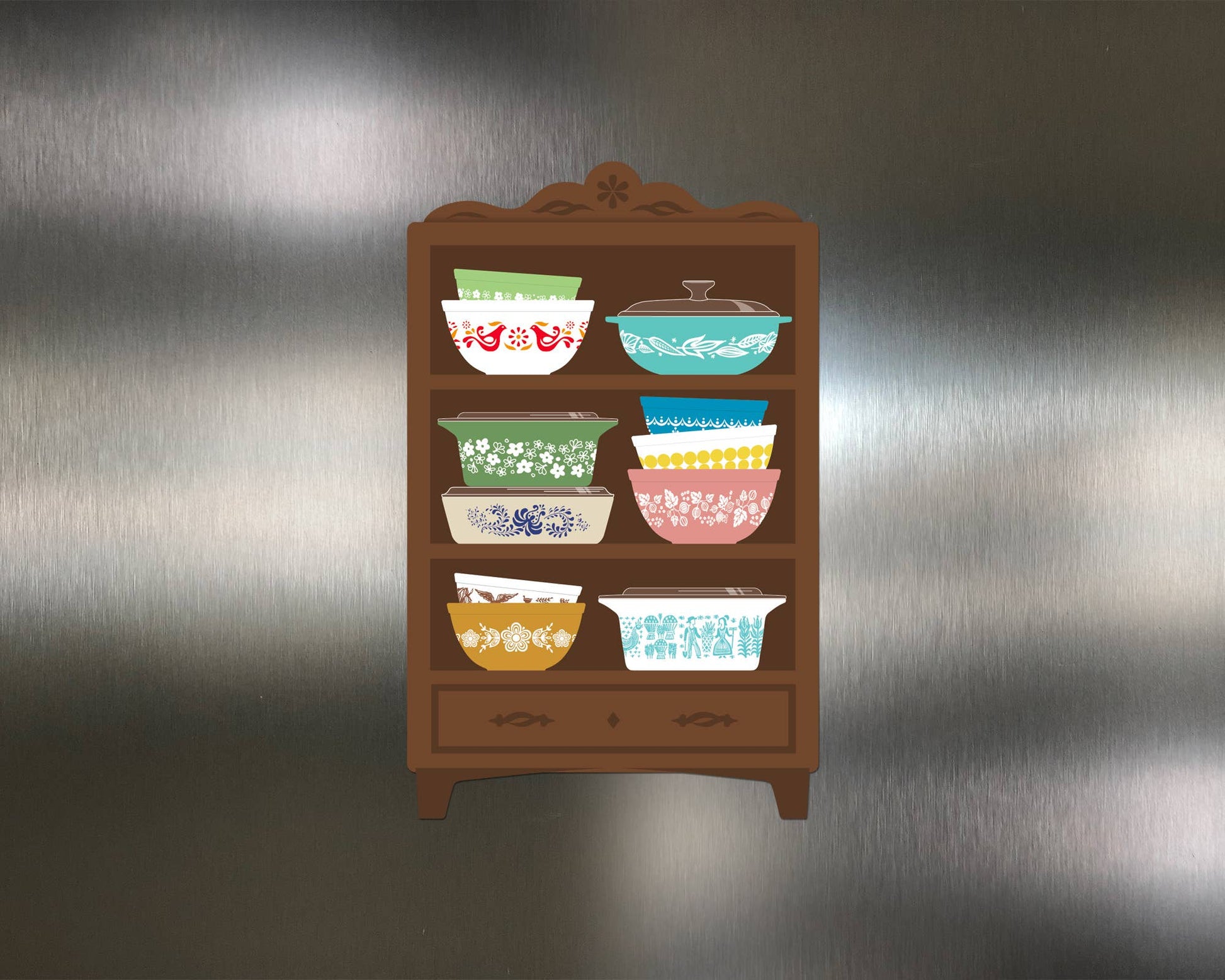 Magnet of a wooden shelf with colorful bowls on a metallic background