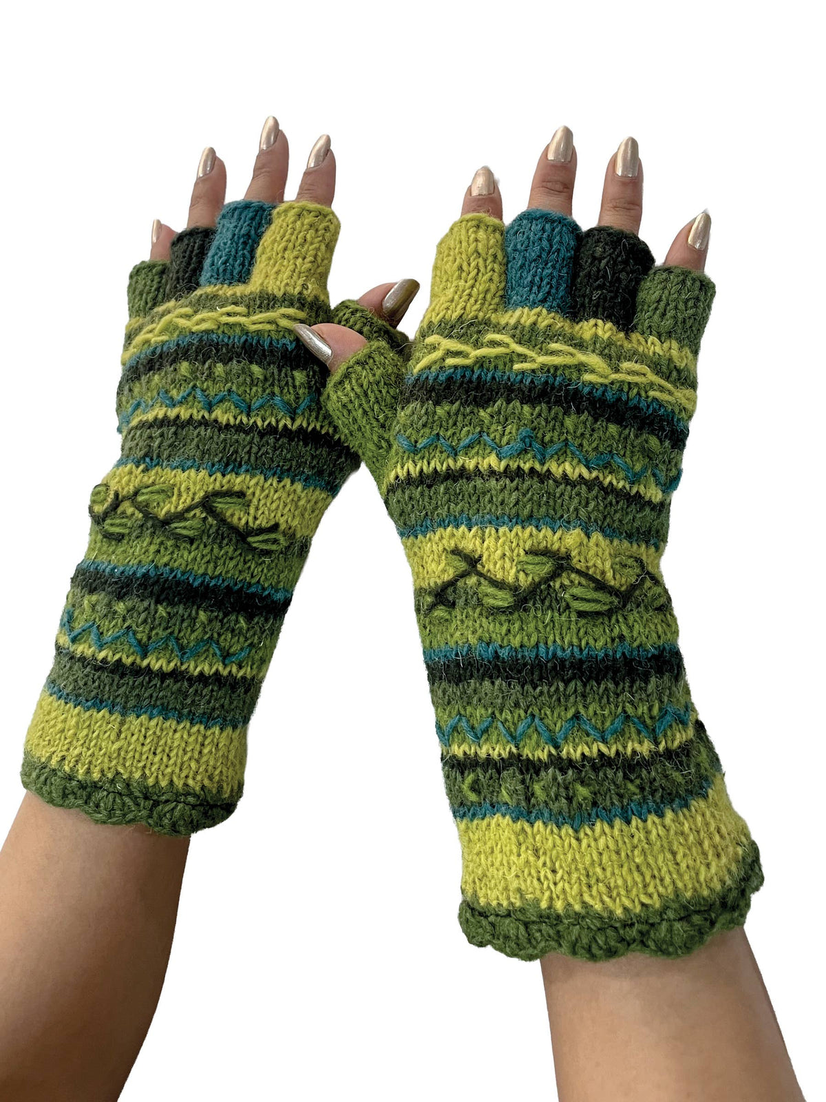Striped Knit Fingerless Gloves Hand Embroidered Details
