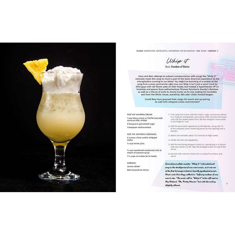 Cocktail with pineapple garnish on a black background, next to text on a white background.