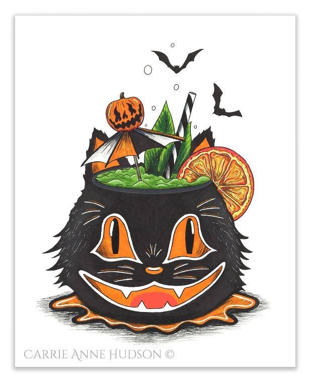 Hallowtiki Halloween Vintage Black Cat Fine Art Print 8"x10"