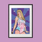Framed artwork of Taylor Swift in a colorful outfit against a purple starry background