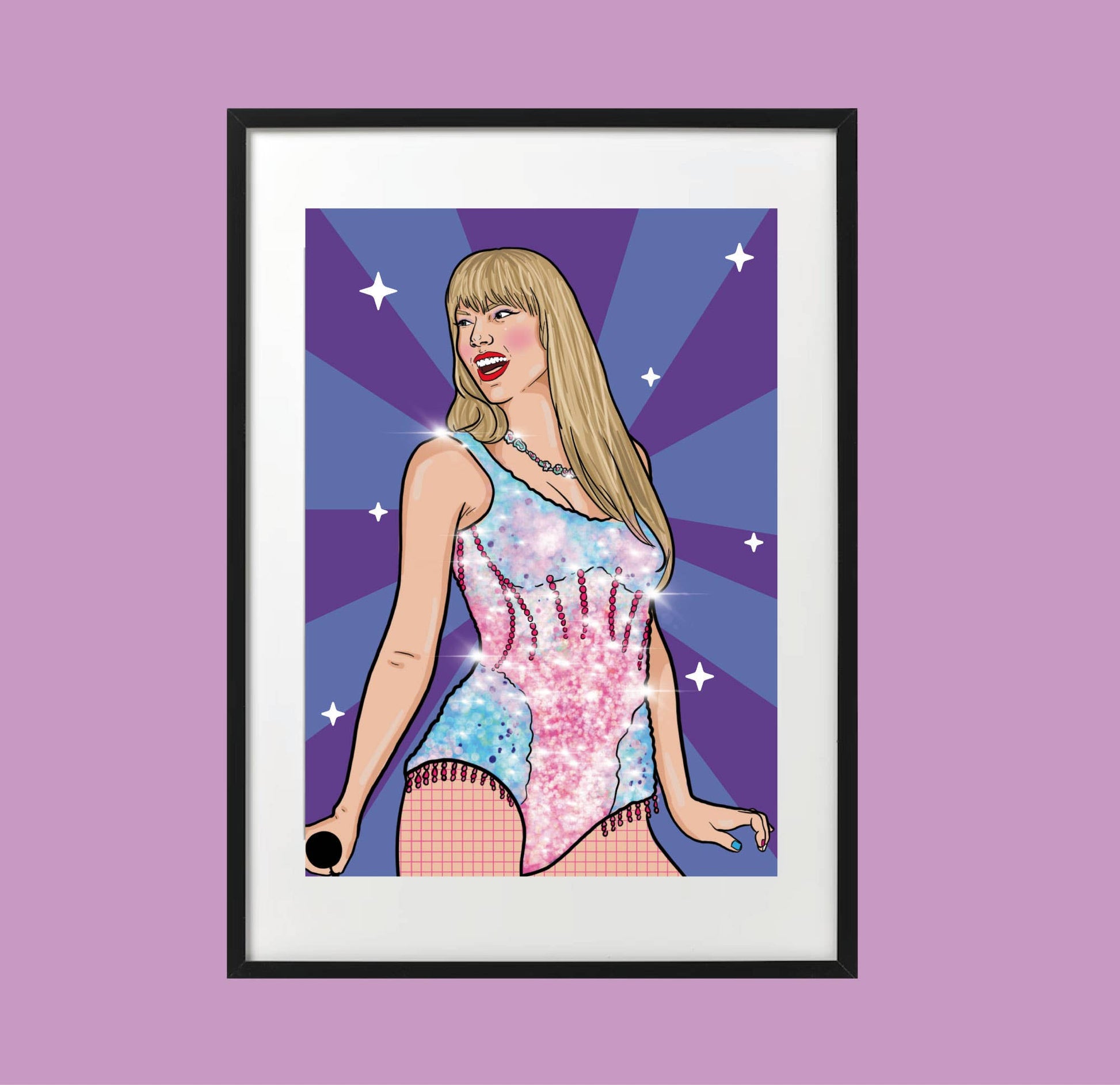 Framed artwork of Taylor Swift in a colorful outfit against a purple starry background