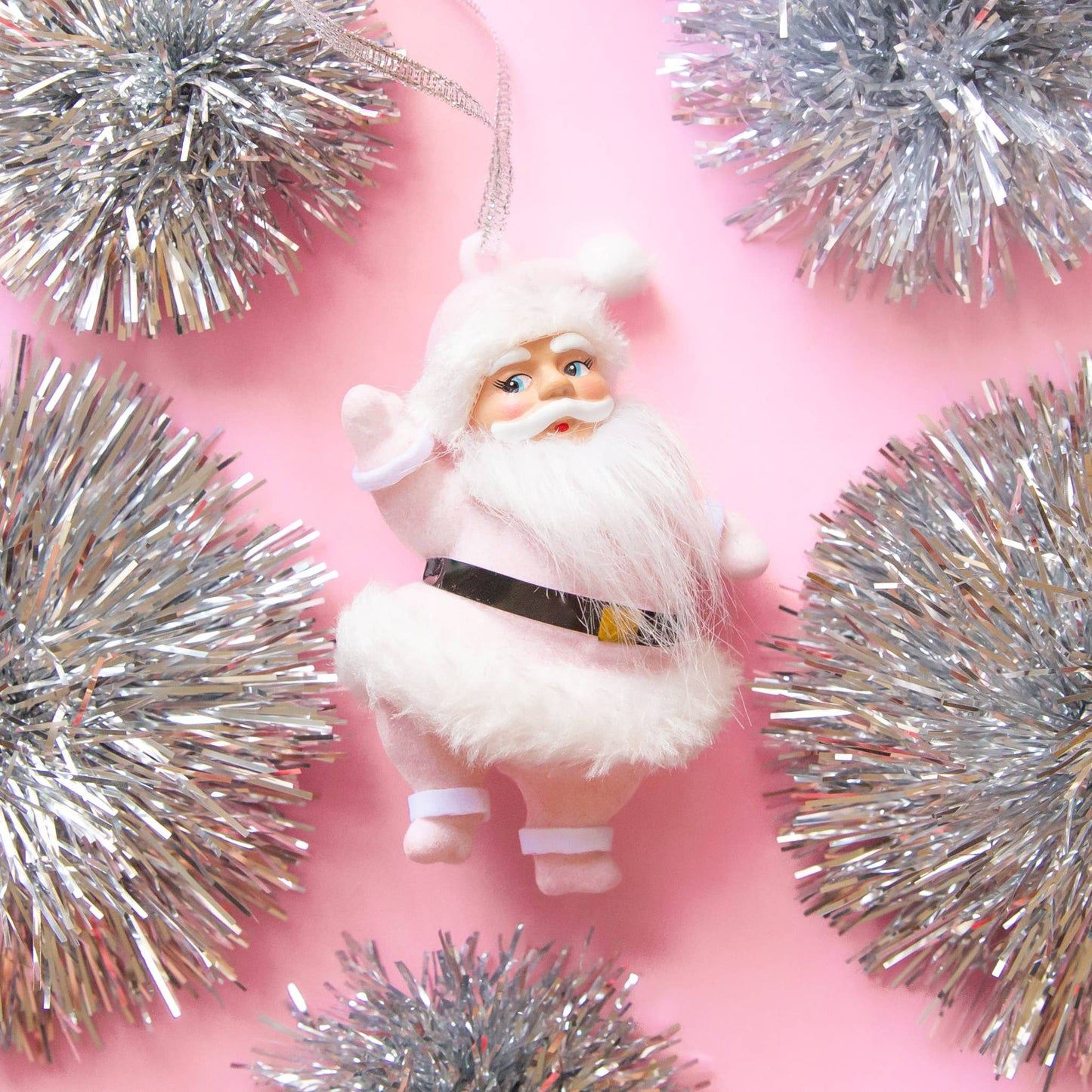 Retro Flocked Dancing Santa Ornament