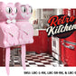 Pink cat-shaped clocks in a retro kitchen setting with a red refrigerator.