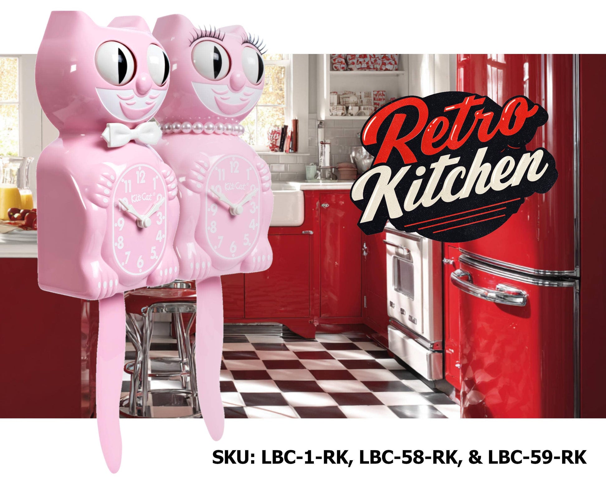 Pink cat-shaped clocks in a retro kitchen setting with a red refrigerator.