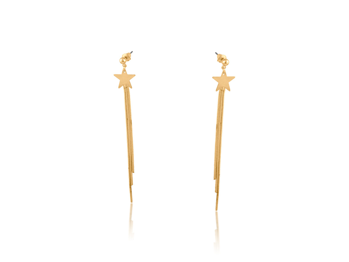 Gold star-shaped dangle earrings on a white background
