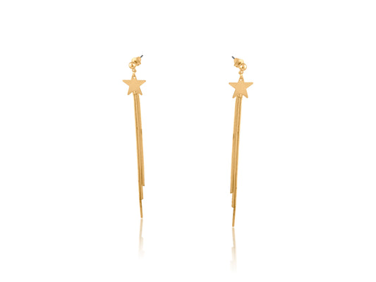Gold star-shaped dangle earrings on a white background
