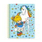 Notebook with a colorful illustration of a Rainbow Brite and unicorn on a blue background