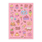 Sticker sheet with cute illustrations of animals and desserts on a pink background