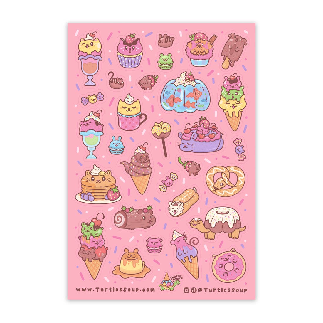 Sticker sheet with cute illustrations of animals and desserts on a pink background