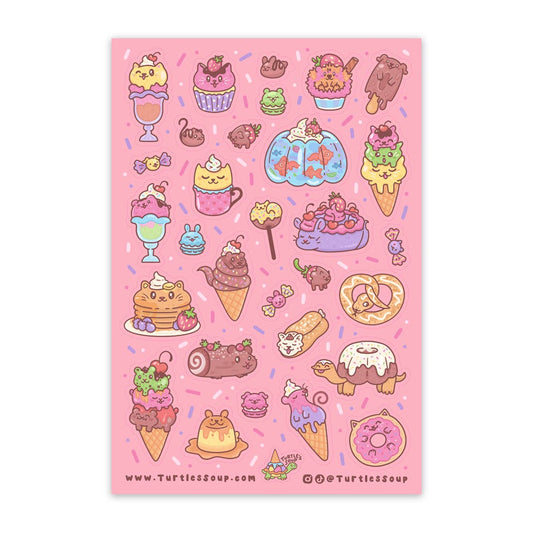 Sticker sheet with cute illustrations of animals and desserts on a pink background