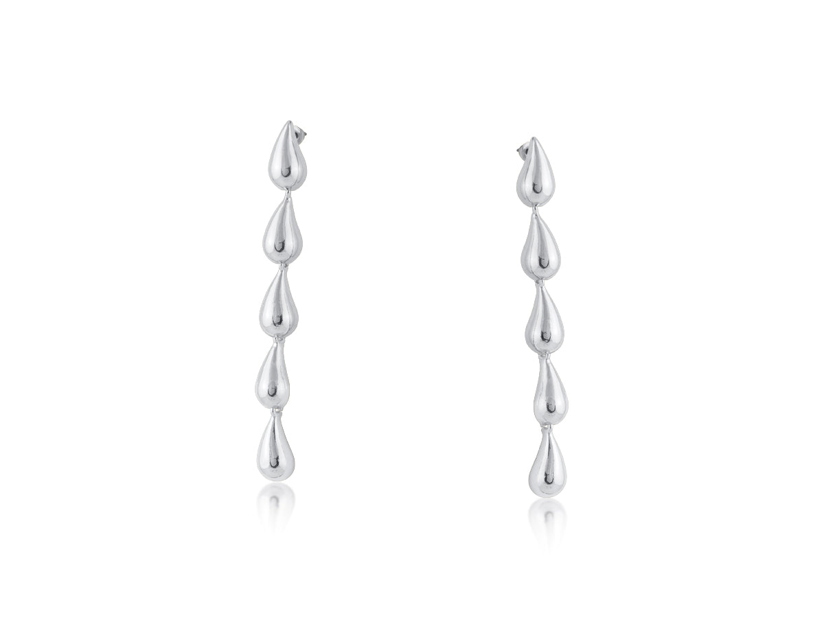 Silver raindrop earrings on a white background