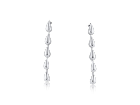Silver raindrop earrings on a white background