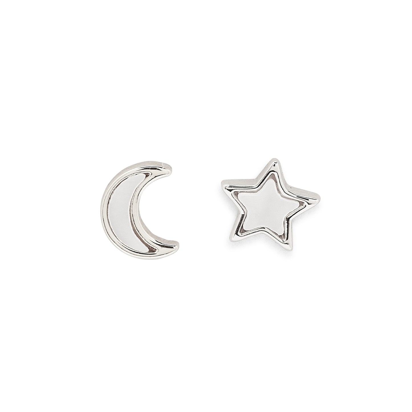 Silver moon and star earrings on a white background