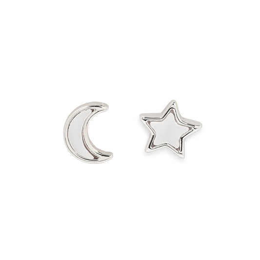 Silver moon and star earrings on a white background