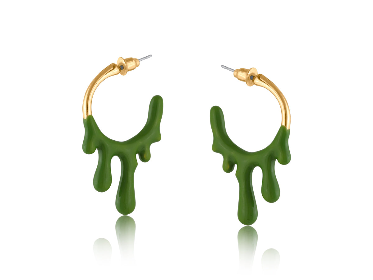 Green drip hoop earrings with gold accents on a white background