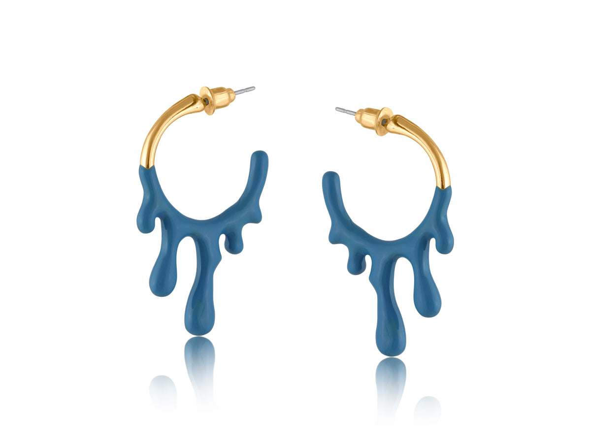 Blue drip hoop earrings with gold accents on a white background
