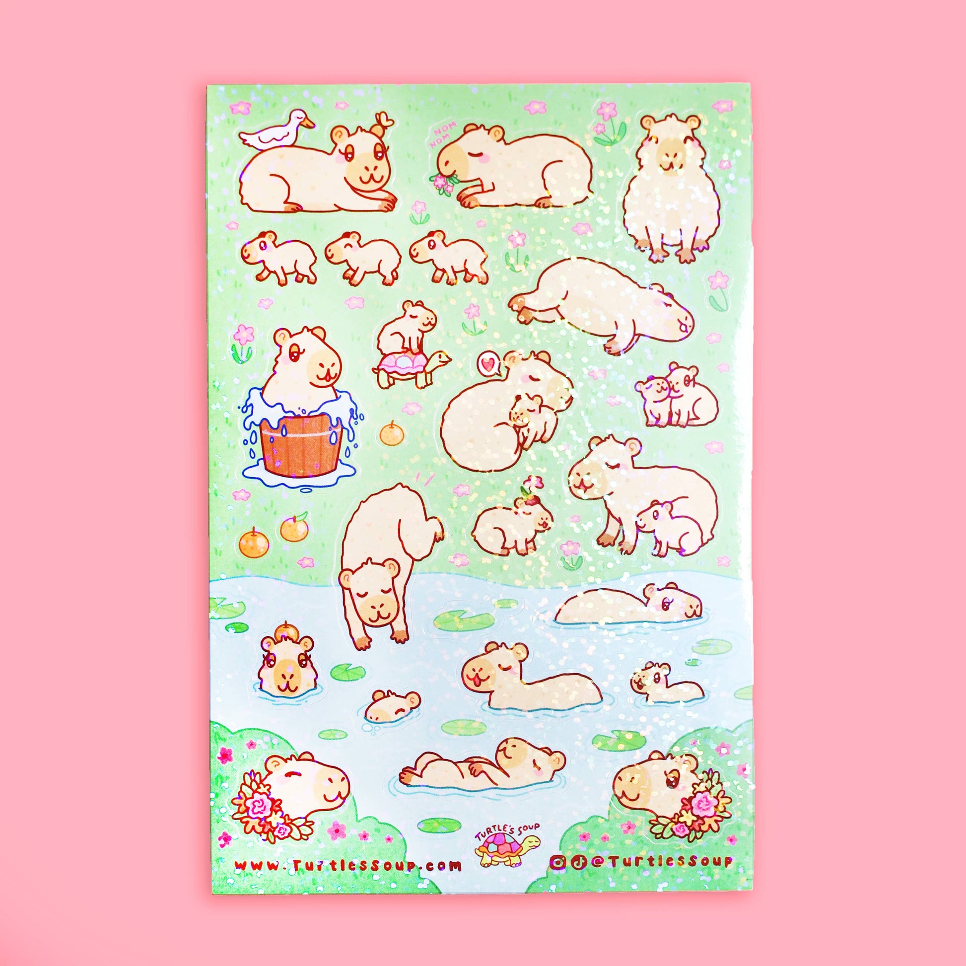 Sheet of cute animal stickers with a pink border on a pink background