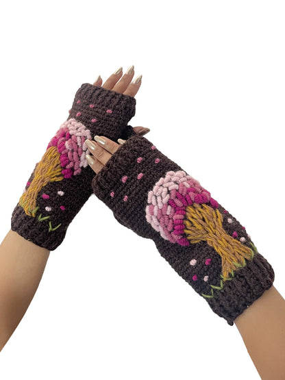 Whimsical Tree of Life Fingerless Gloves Hand Embroidered