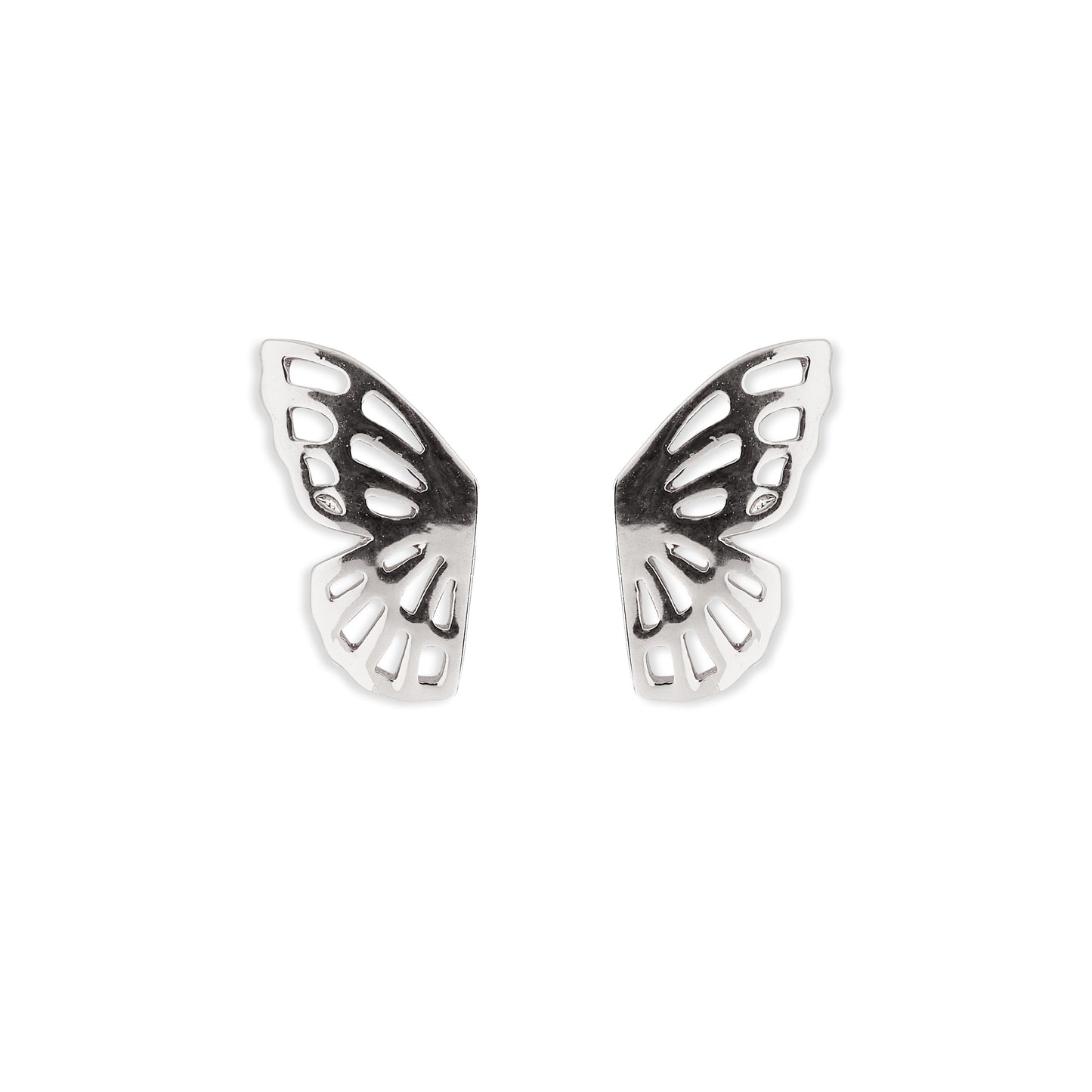 Butterfly-shaped silver earrings on a white background