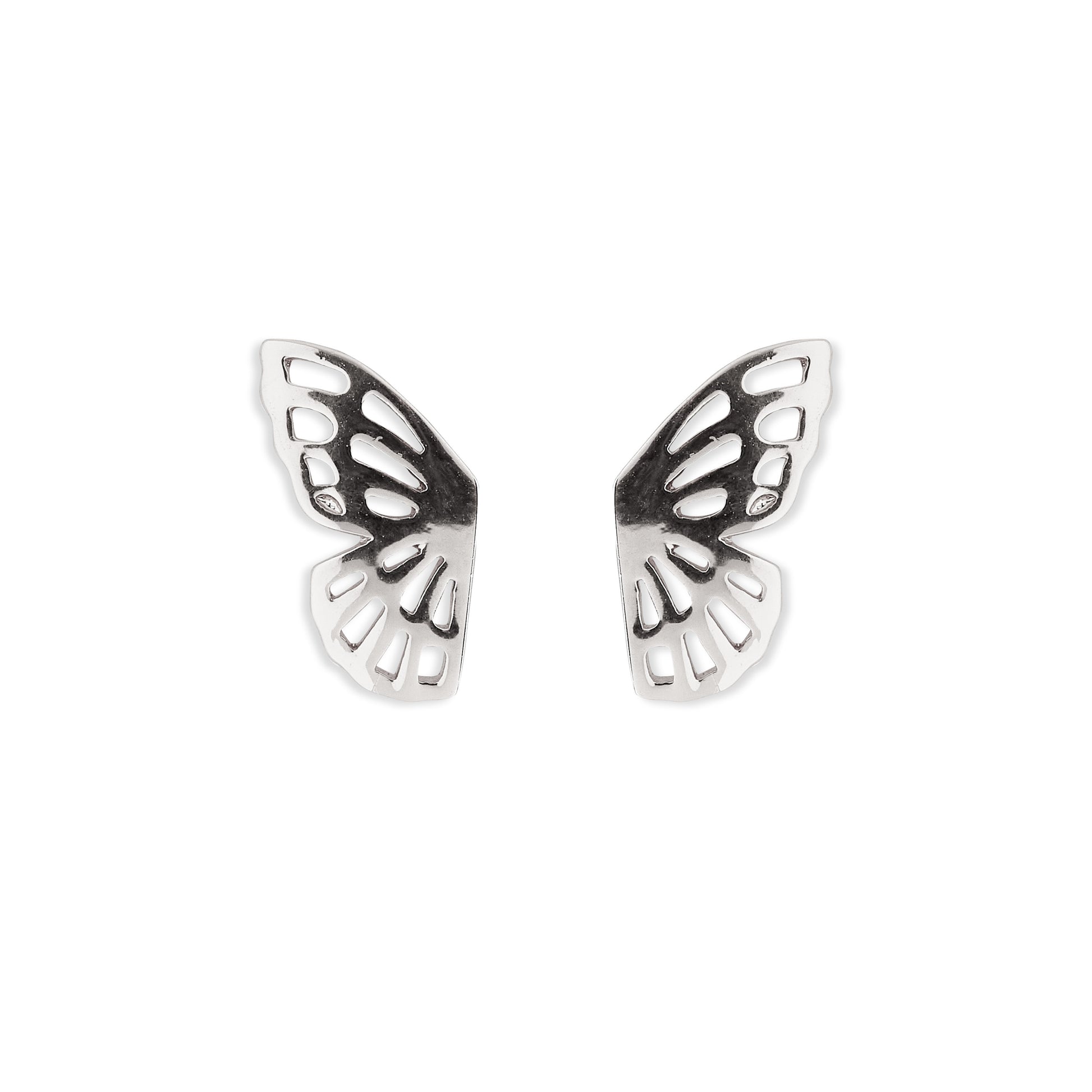 Butterfly-shaped silver earrings on a white background