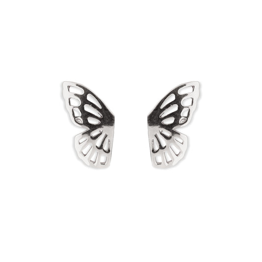 Butterfly-shaped silver earrings on a white background