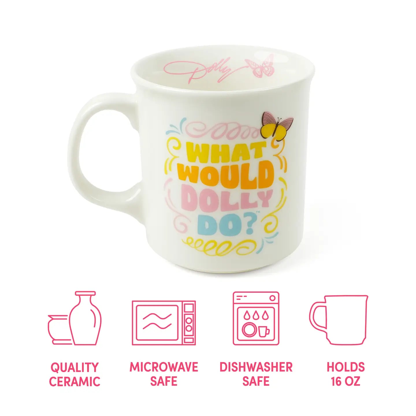 White mug with colorful text "What would Dolly do?" and graphics on a white background